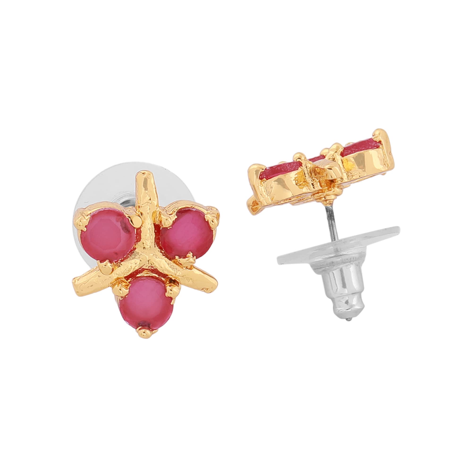 24Kt Plated Stone-Studded Floral Stud Earrings with Ruby CZ